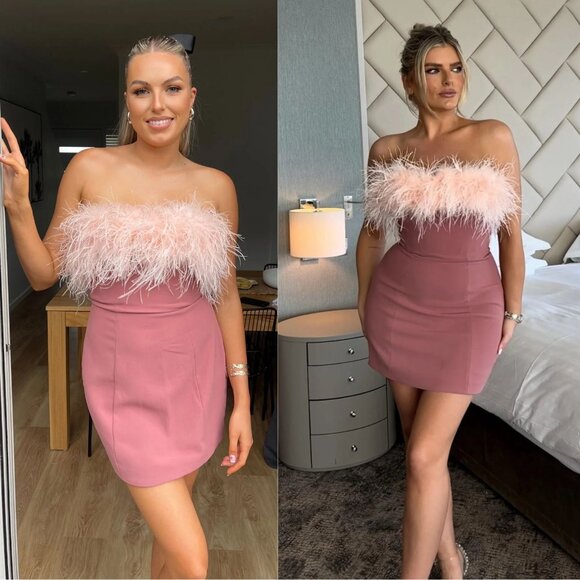 House of CB Alexa Mini Dress Warm Pink Feather Strapless Size S - Picture 13 of 14